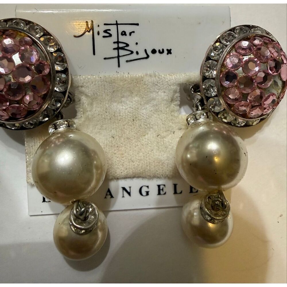Mistar Bijoux Womens Rhinestone Faux Pearl Drop Clip On Earrings Silver Pink NWT